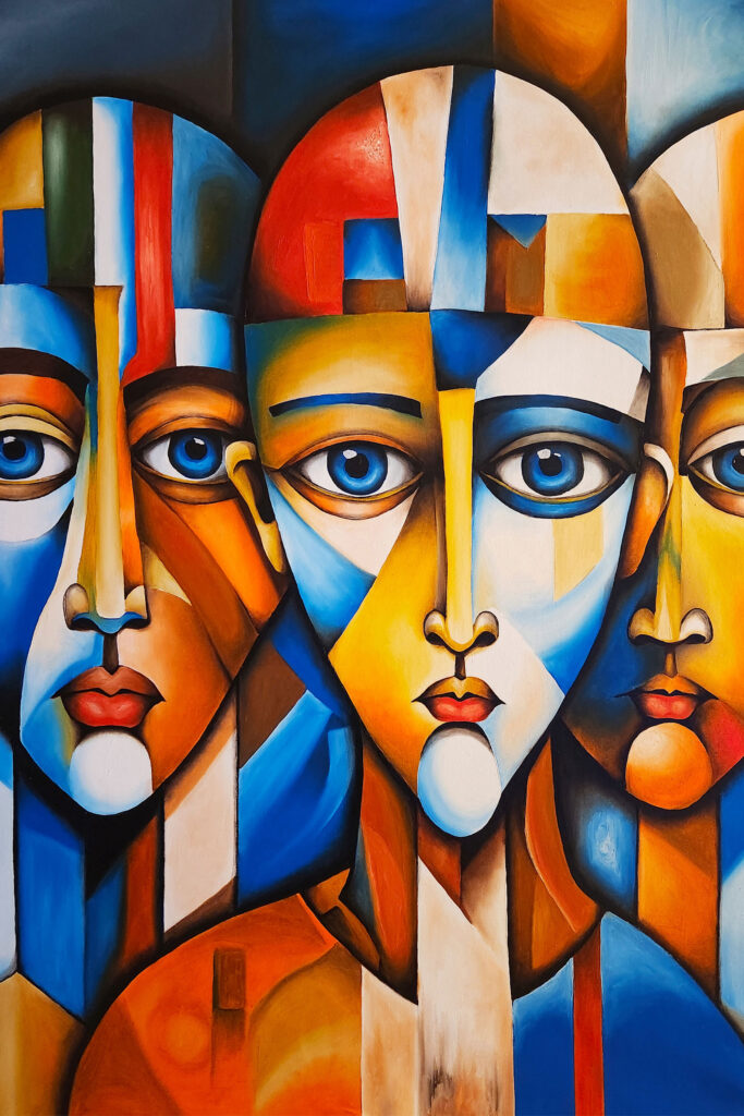 pintura cubista de rostros angelicales realizada por el artista visual Quintana Bernal
