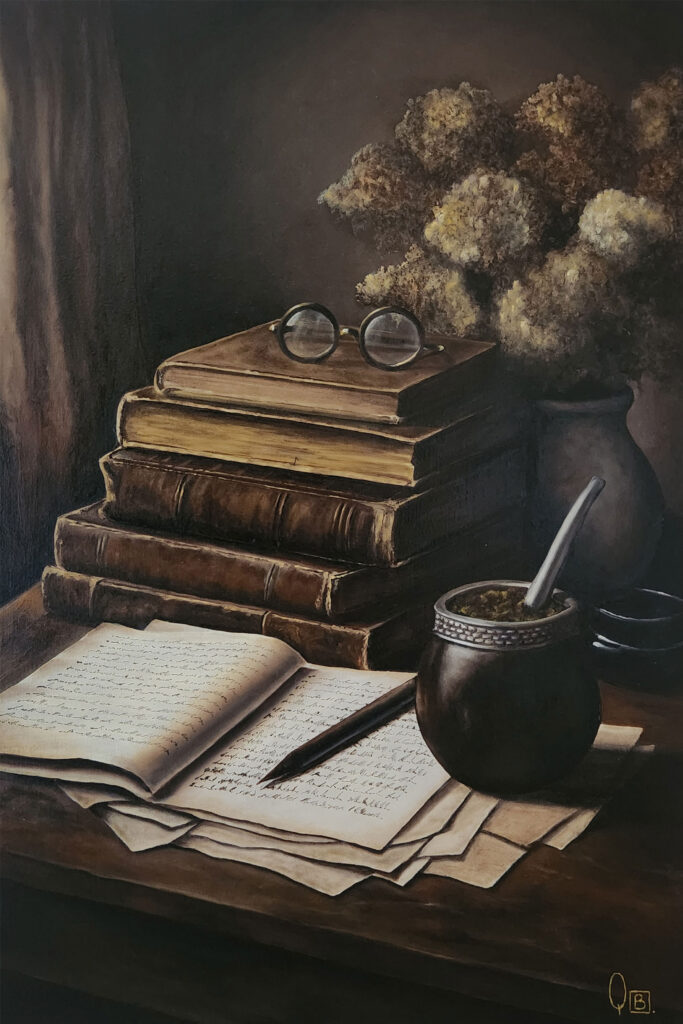 bodegón realista realizado por el artista visual Quintana Bernal en el cual aparece unos libros en luz tenue con un mate