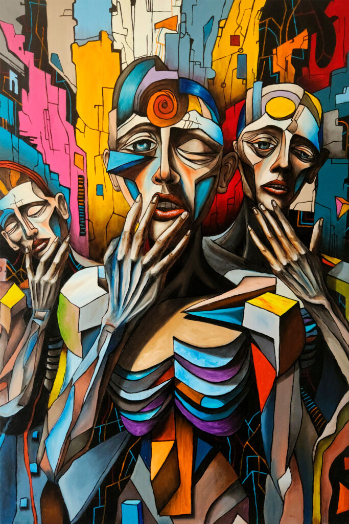 pintura cubista de rostros atormentados obra de Quintana Bernal