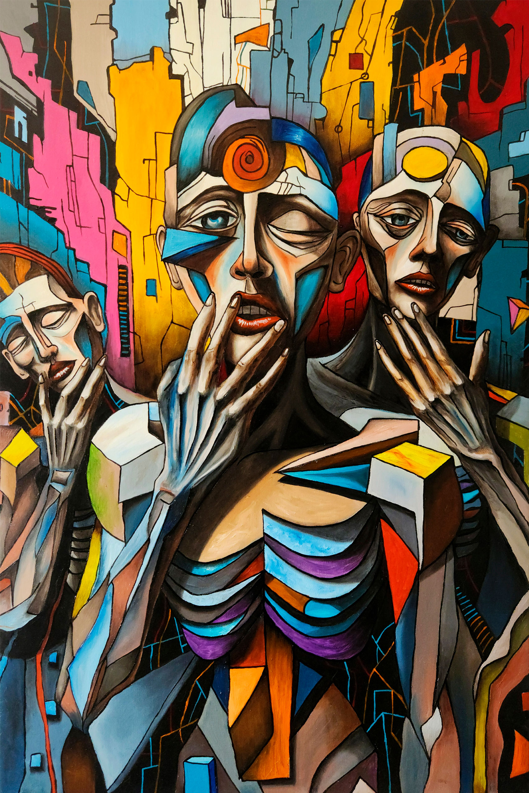 pintura cubista de rostros atormentados obra de Quintana Bernal