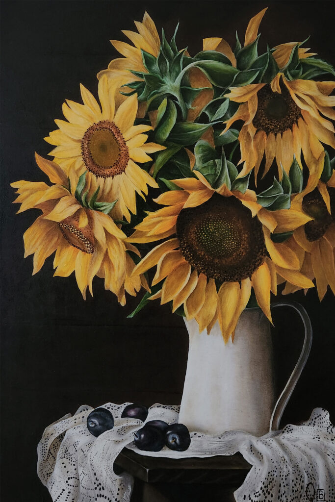 bodegón realista de girasoles realizado por el artista visual Quintana Bernal