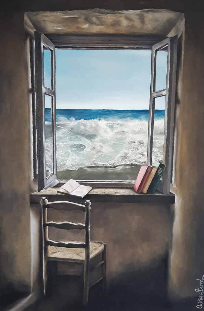 obra surrealista del artista visual Quintana Bernal que interpreta la pasividad de una ventana con la furia del mar 