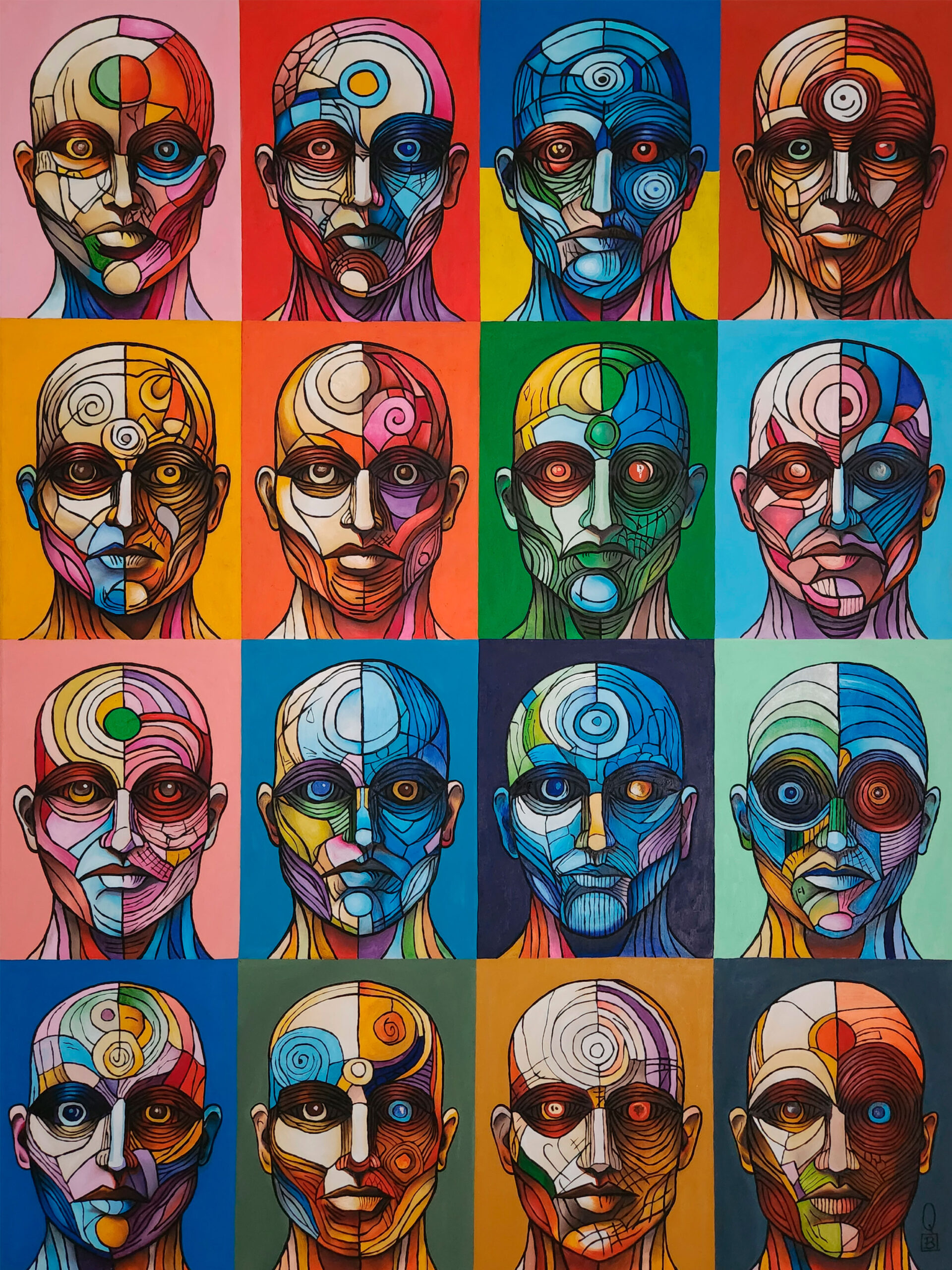 pintura cubista de rostros que reflejan los 16 estados de la tristeza humana obra de Quintana Bernal