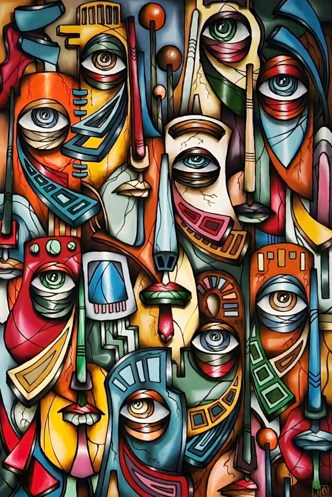 obra cubista llena de rostros entrelazados pintada por el artista visual Quintana Bernal