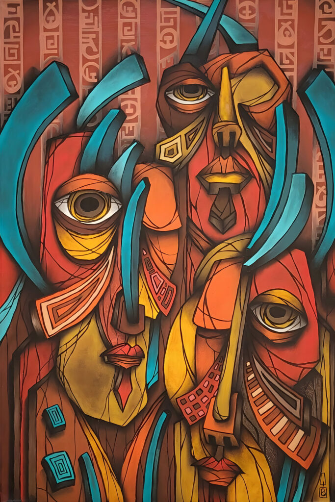 pintura cubista del artista visual Quintana Bernal que interpreta los guardianes de las pirámides de teotihuacan en México